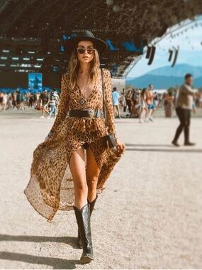 Rat & Boa Brown Leopard Print Long Sleeve V-Neck Dress